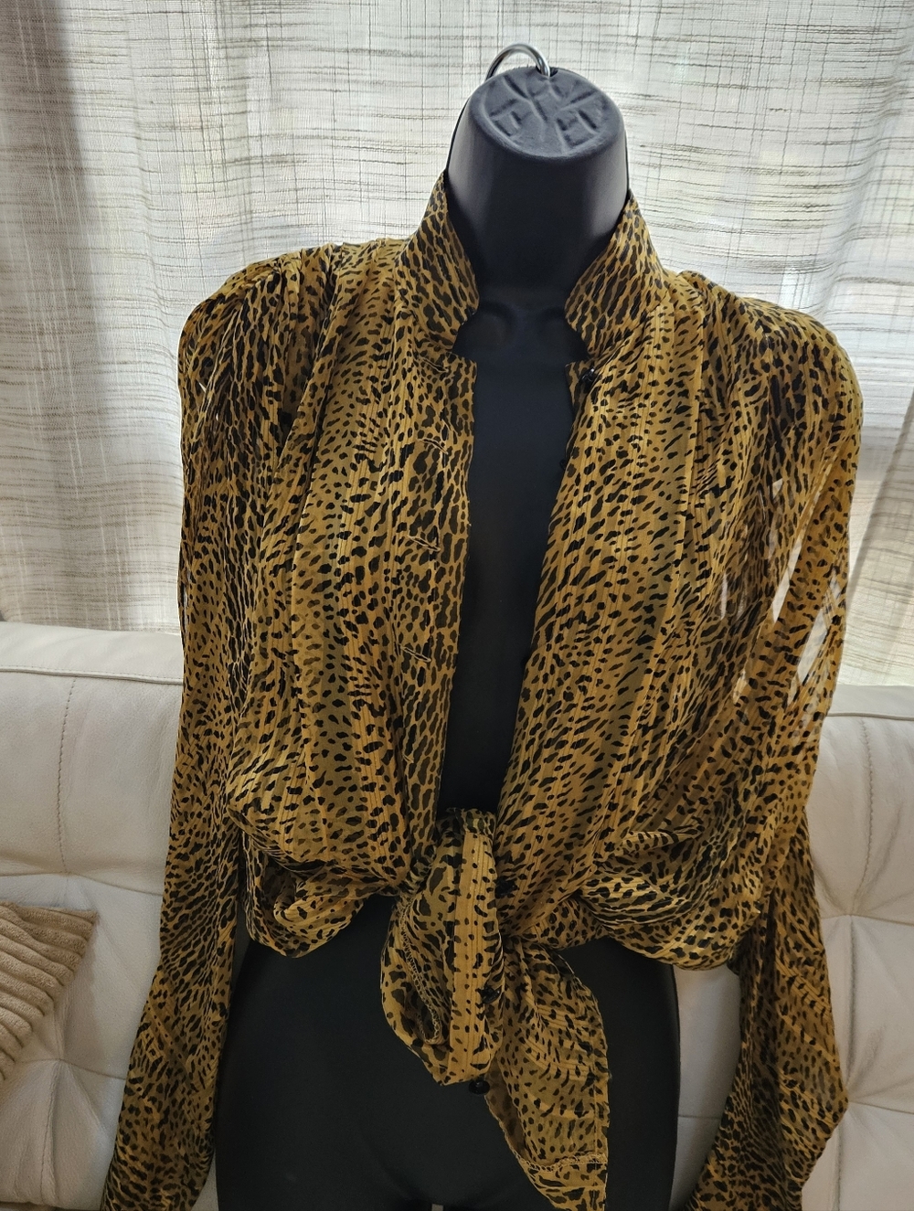 Vintage Nina RICCI SILK Sheer Animal Print Button-Up Blouse in Mustard Black